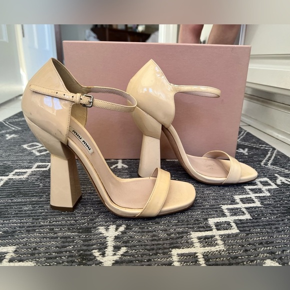 Miu Miu Shoes - Miu Miu Nude Patent Leather Block Heel High Heel Shoes Sandals Open Toe Strappy